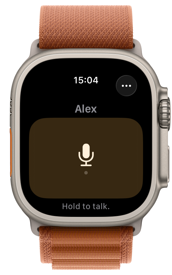 Talkie’s conversation screen running on an Apple Watch Ultra 3 simulator, showing the Hold to talk microphone button.