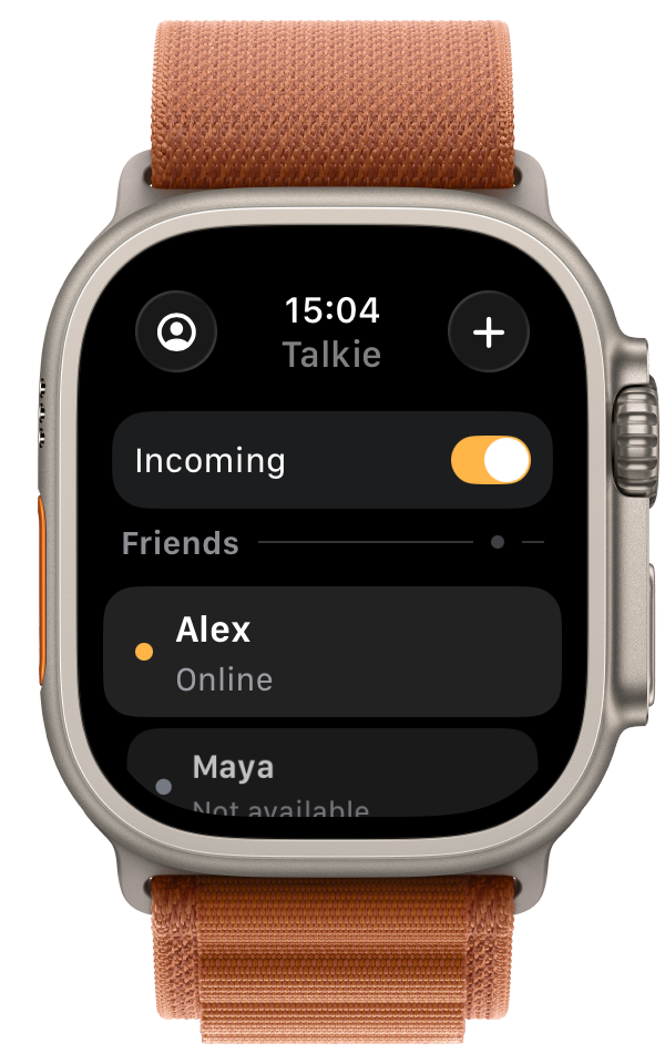 Talkie Home on the Ultra 3 simulator, showing Incoming switched on and example friends.